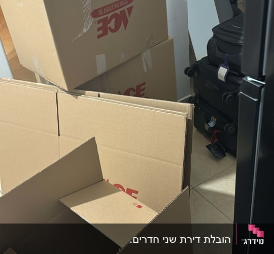 קופסאות קרטון פתוחות וסגורות עם מזוודות